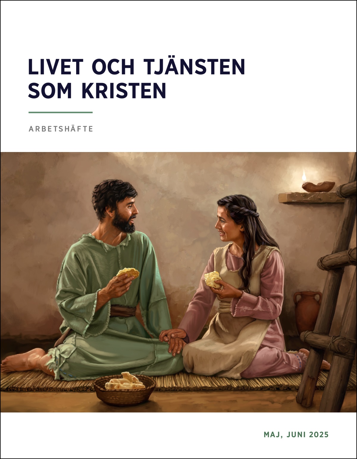 Ett gift par i det forntida Israel sitter ner tillsammans i sitt enkla hem och äter en måltid som består av bröd.