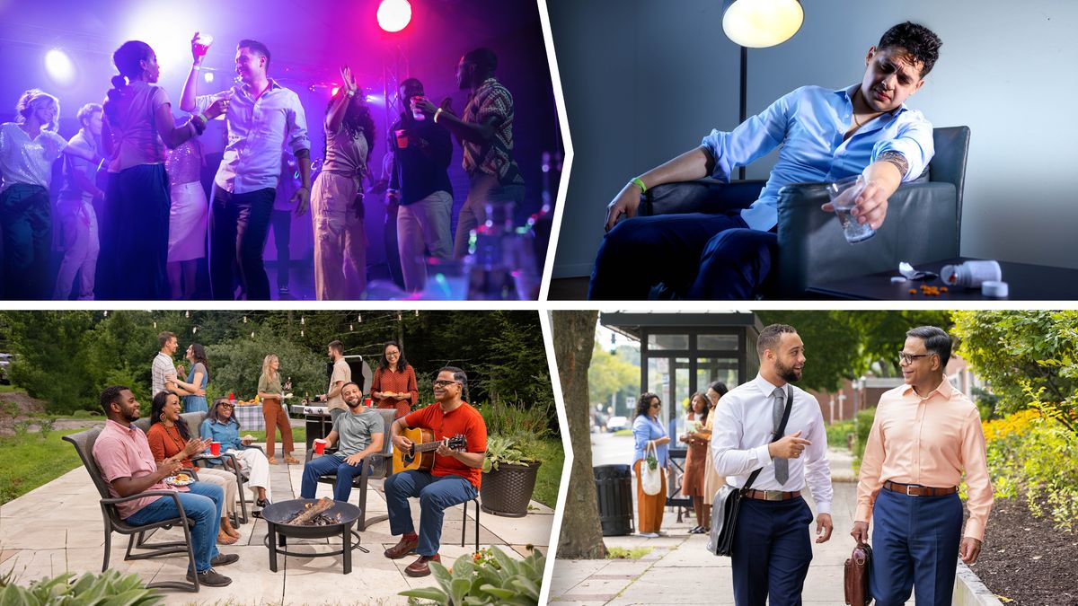 Collage: En jämförelse mellan de dåliga val som en man som inte är ett Jehovas vittne gör och de bra val som några vittnen gör. 1. En man dansar på en nattklubb med en drink i handen. 2. Sedan mår han inte bra och behöver ta tabletter. 3. Bröder och systrar har fest utomhus tidigt på kvällen. De sjunger, dansar och äter tillsammans. 4. Nästa dag är de ute i tjänsten.