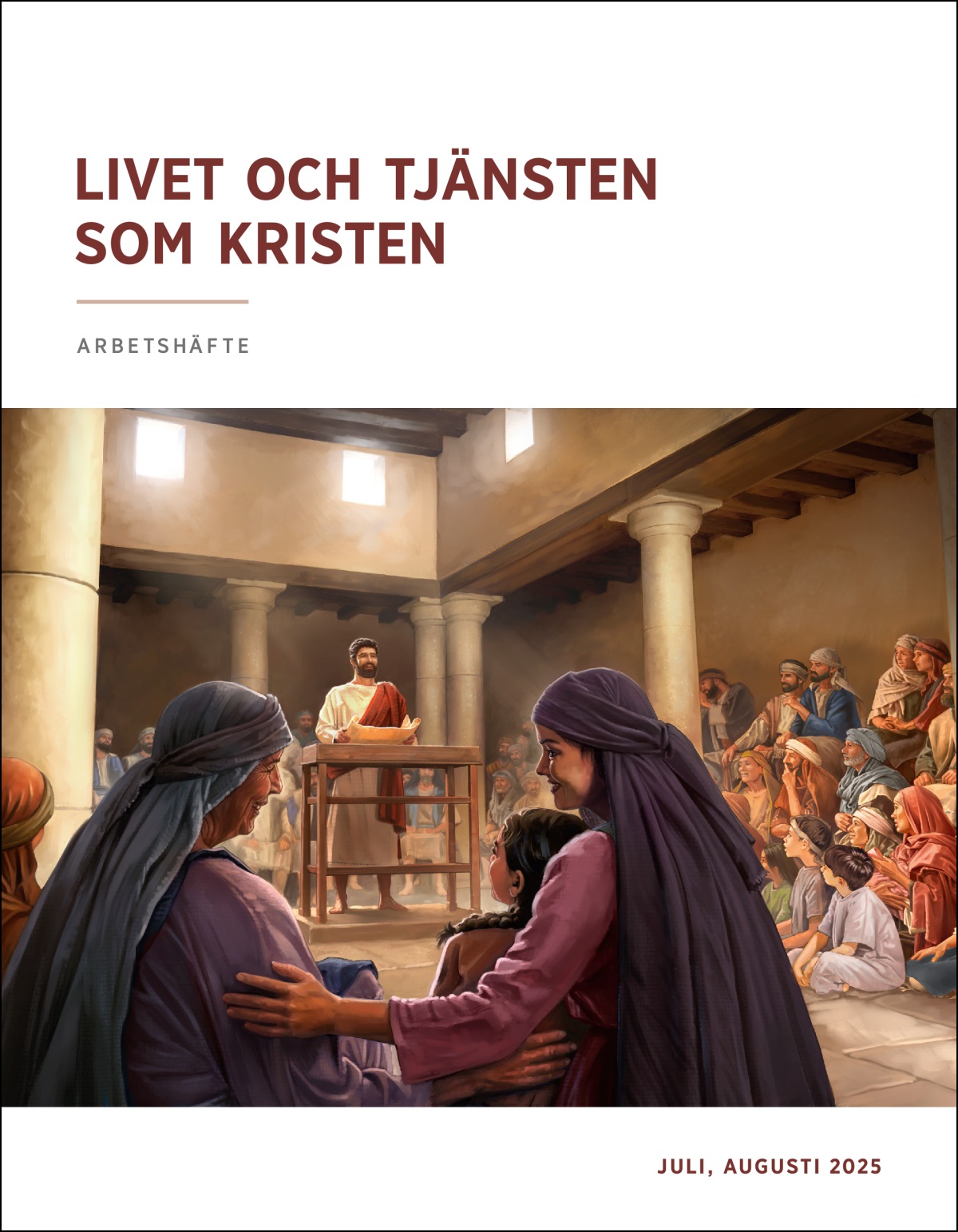 Jesus talar i en synagoga och har en öppnad bokrulle i händerna. En grupp män, kvinnor och barn lyssnar uppmärksamt.