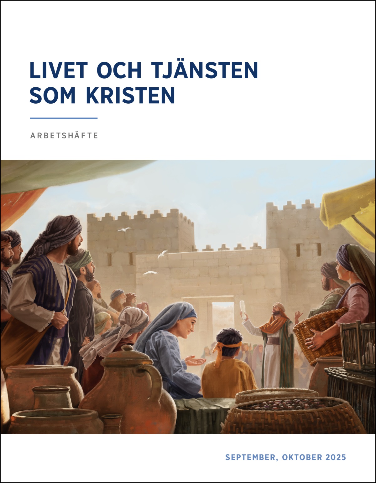 En grupp israeliter nära stadsporten lyssnar på en präst. Han har en bokrulle i ena handen.