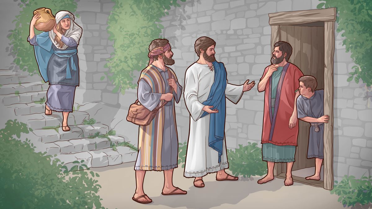 Jesus och en av lärjungarna predikar för en man och hans son vid deras hus. En kvinna med en stor kanna på axeln lyssnar på samtalet när hon går förbi.