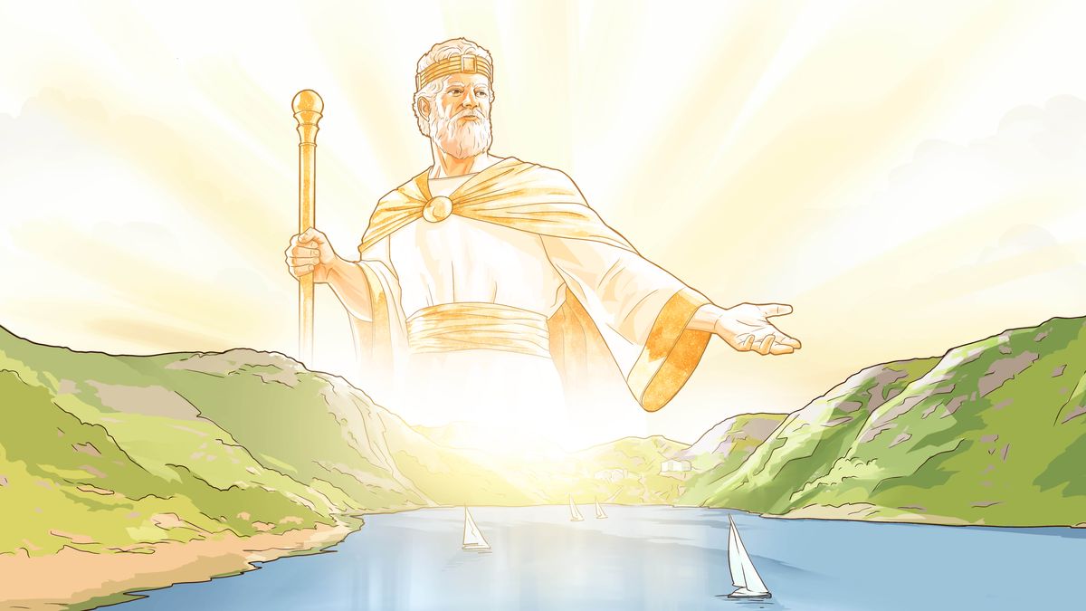 Jesus regerar som kung i himlen och sträcker ut sin hand mot paradiset på jorden.