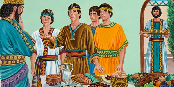 Daniel, Sadrak, Mesak och Abednego vägrar ta emot kung Nebukadnessars mat och vin.