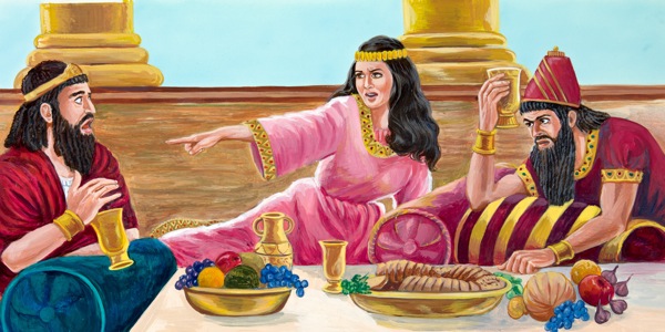 Under festmåltiden berättar drottning Ester för kung Ahasveros om Hamans onda plan mot israeliterna.