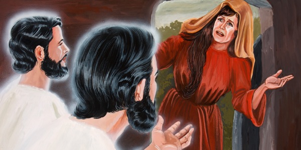 Vid Jesus grav berättar två änglar om Jesus uppståndelse för Maria Magdalena.