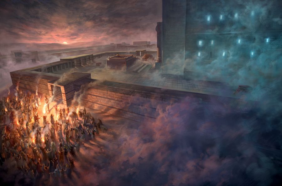 Avfälliga judar tillber en avgudabild i mörket vid den norra porten i templet i Jerusalem.