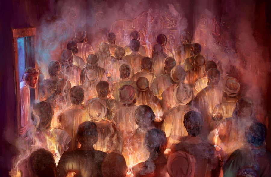 Sjuttio äldste frambär rökelse åt falska gudar som är inristade på väggen.