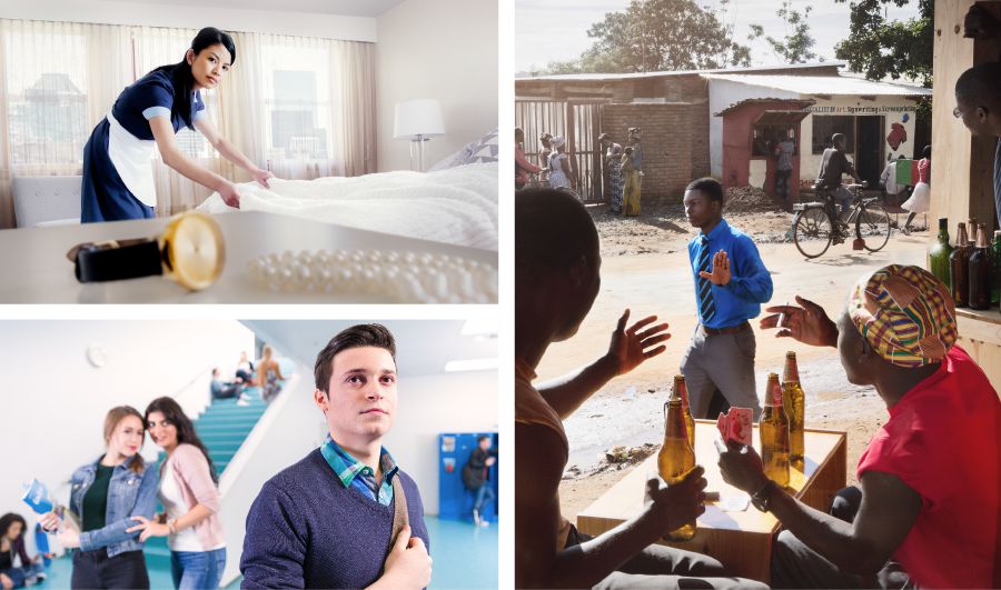 Collage: Stå emot frestelser. 1. En syster städar ett hotellrum och ser att smycken har lämnats framme. 2. En ung broder i skolan går bort från två tjejer som tittar på honom. 3. En broder tackar nej när några tidigare vänner vill att han ska vara med dem och dricka, röka och spela om pengar.