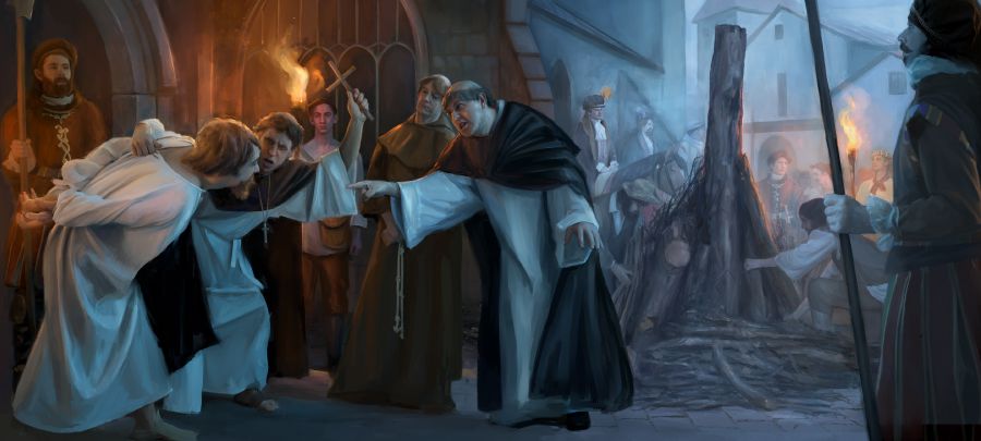 Präster är på väg att bränna en sann kristen på bål under de mörka århundraden som kristenheten hade en dominerande ställning.