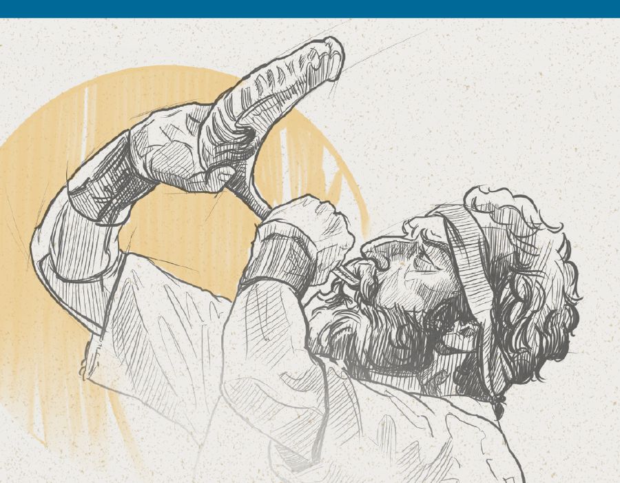 En väktare blåser i ett horn.