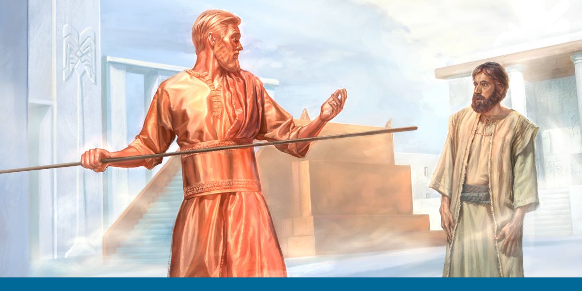 Hesekiel ser på när mannen som blänker som koppar börjar mäta portarna i templet i synen.