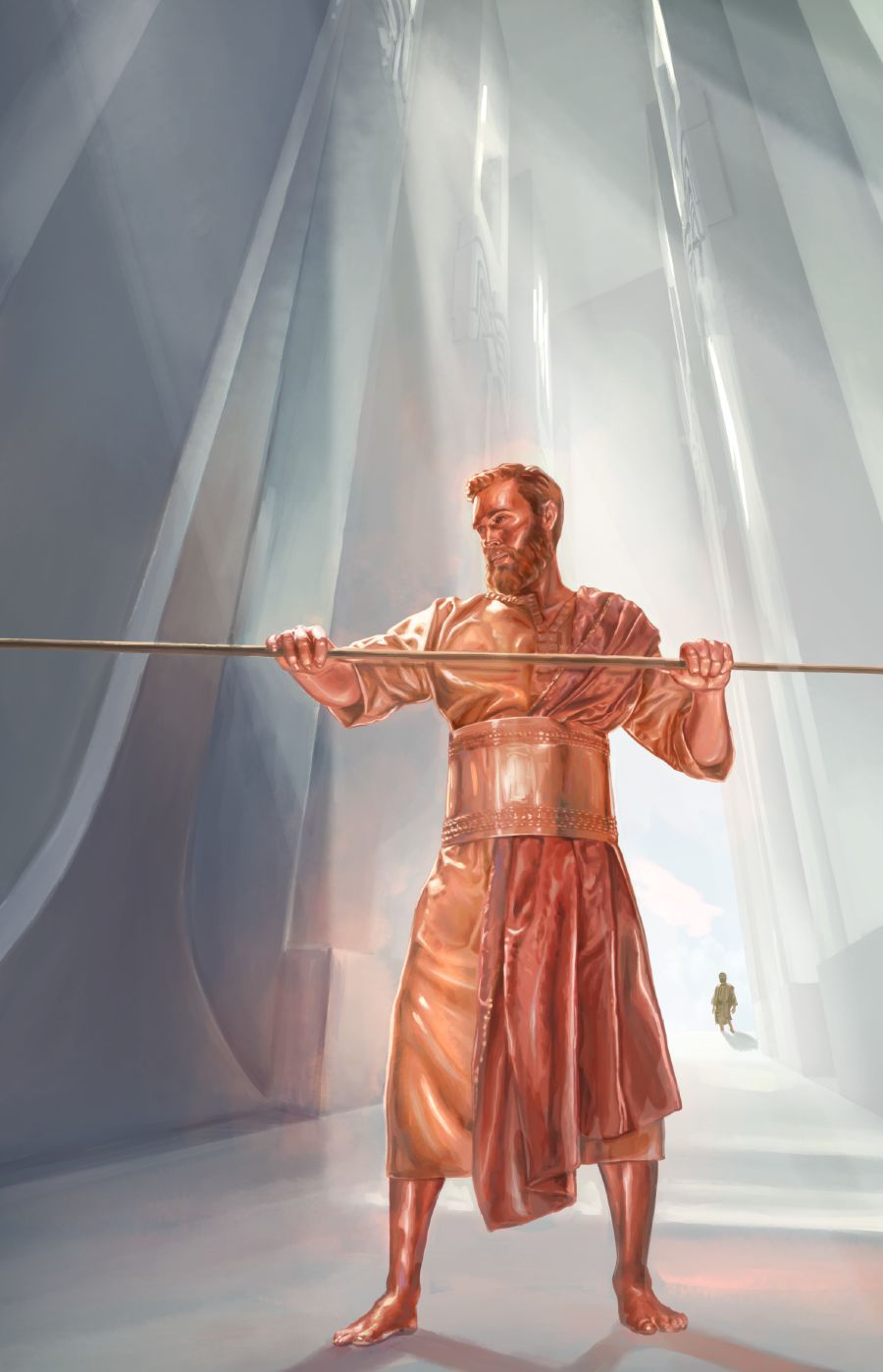 Hesekiel ser på när mannen som blänker som koppar mäter portarna i templet i synen.