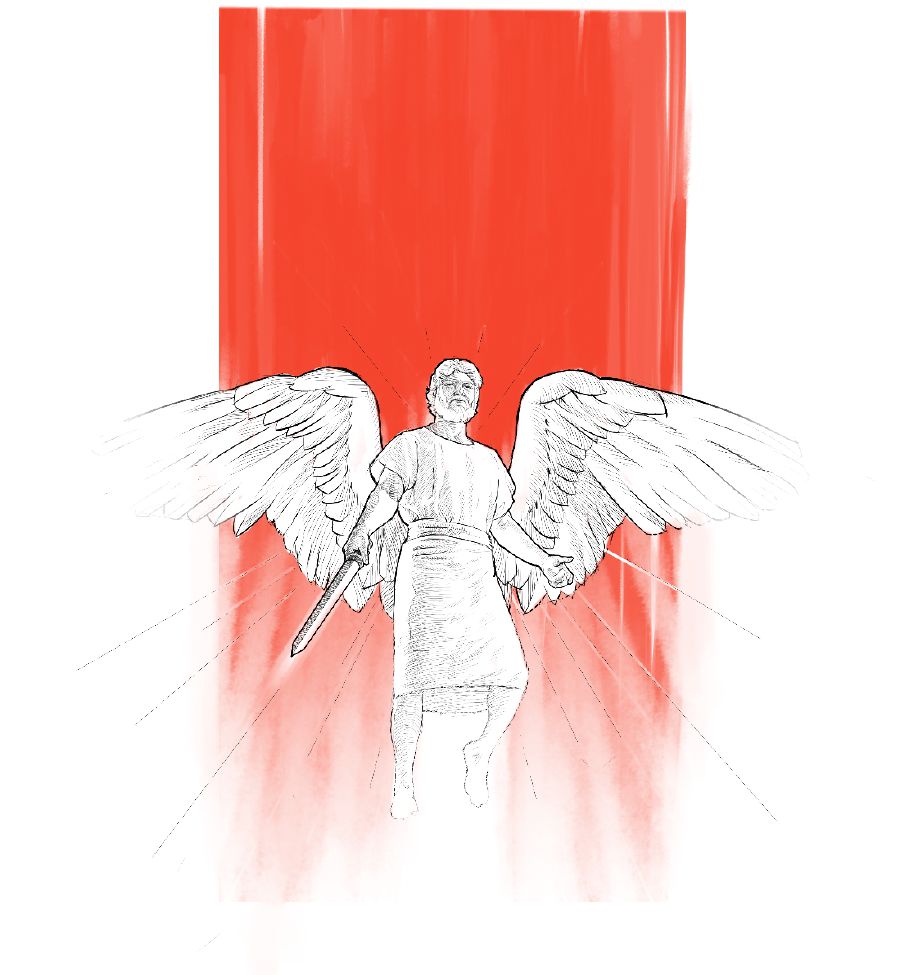 En ängel med ett svärd i handen.