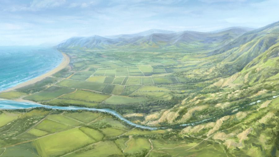 En flod rinner ut i havet, omgiven av landet som ska fördelas.