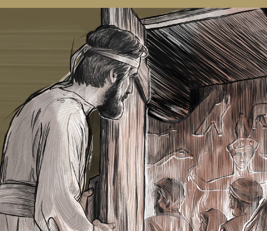 Hesekiel ser templets inre förgård där äldste frambär rökelse åt falska gudar som är inristade på väggen.