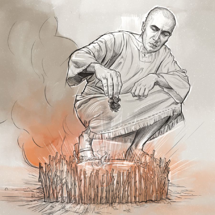 Hesekiel bränner upp en del av sitt avrakade hår.