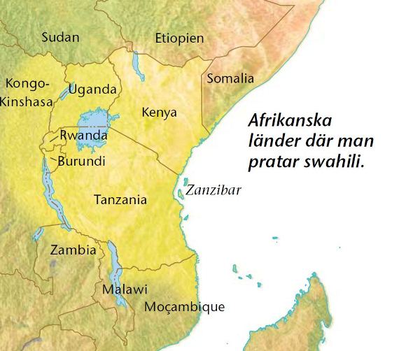 Karta över afrikanska länder där man pratar swahili