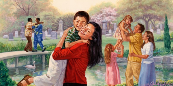 Människor som uppstått välkomnas i paradiset.