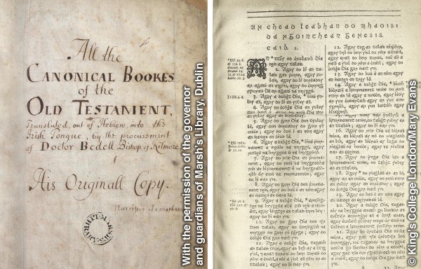1. Titelbladet i Bedells originaltext; 2. Bedells bibel som publicerades 1685