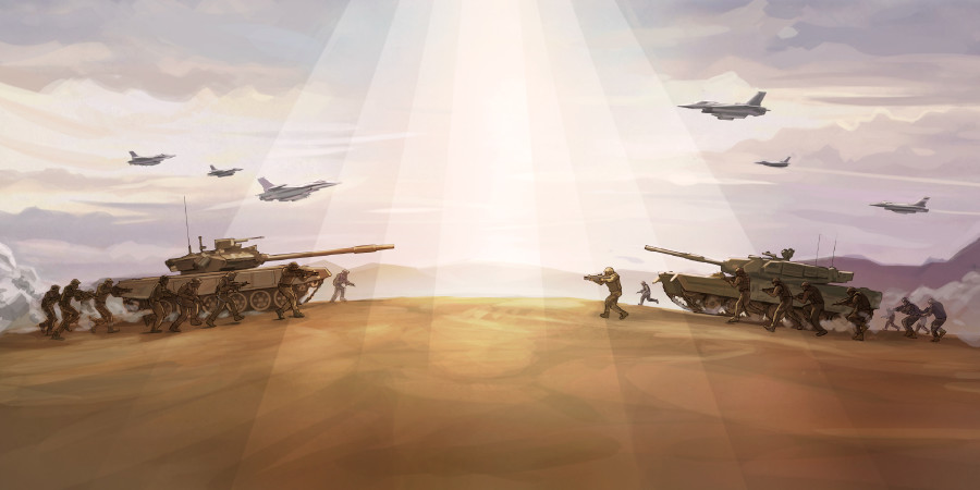 Soldater, en stridsvagn och krigsflygplan.