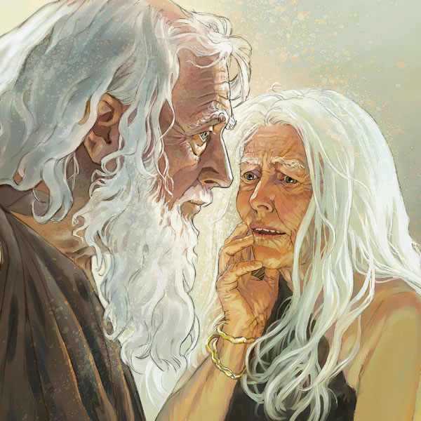 Adam och Eva, gamla och slitna, utanför Edens trädgård.