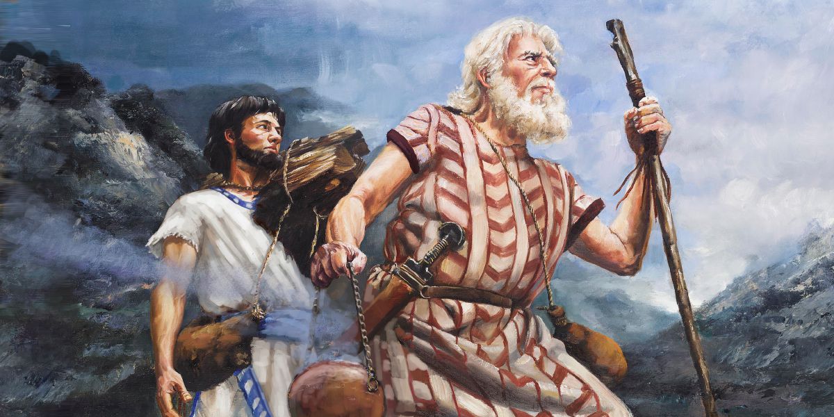 Isak bär ved och Abraham bär ett kärl med glödande kol.