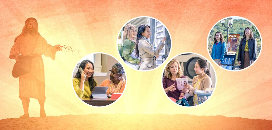 En syster håller ut och bär frukt genom att vittna via telefon, från hus till hus, informellt och offentligt.