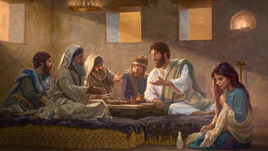 En kvinna som var känd som en syndare har just hällt parfymerad olja på Jesus fötter.