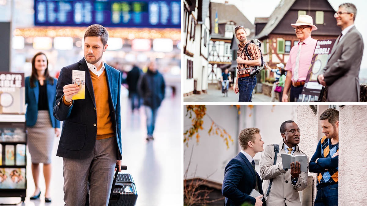 En man tar ett vikblad från en litteraturvagn på en flygplats; under semestern ser han vittnen stå med litteraturvagnar; när han har kommit hem igen får han besök av vittnen.