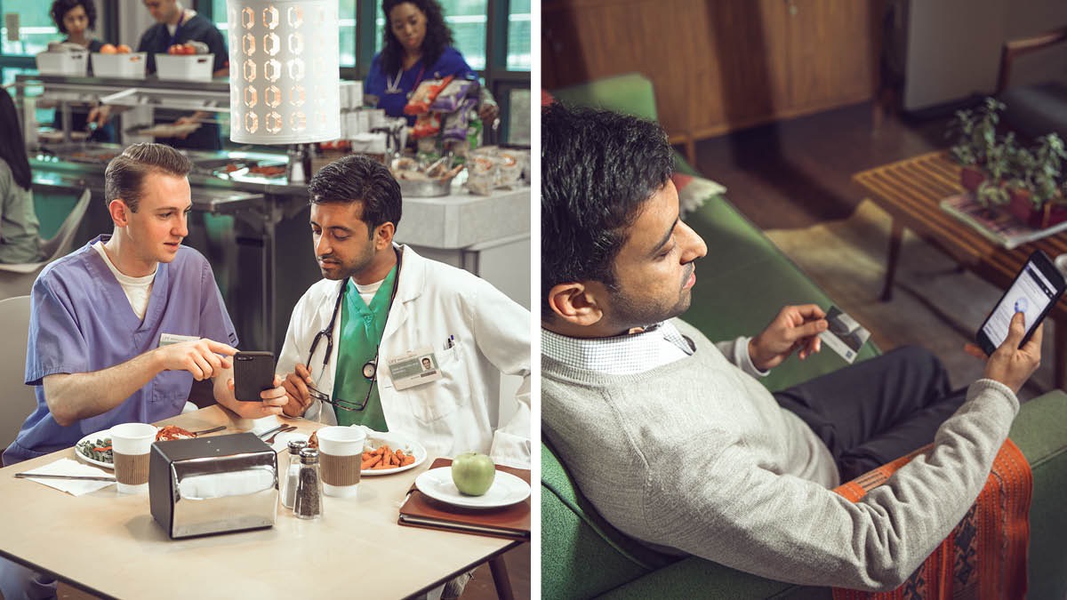 En broder vittnar på sjukhuset för en arbetskamrat, som senare går in på jw.org.