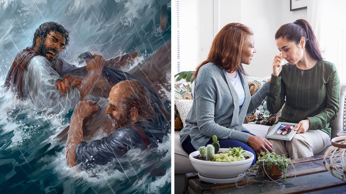 Collage: Lojala vänner stöttar varandra. 1. Aristarkus och Paulus klamrar sig fast vid brädor under ett kraftigt oväder till havs. Aristarkus hugger tag i Paulus kläder för att Paulus inte ska svepas bort av vågorna. 2. En äldre syster tröstar en yngre syster som gråter med ett foto på sina bortgångna föräldrar i handen.