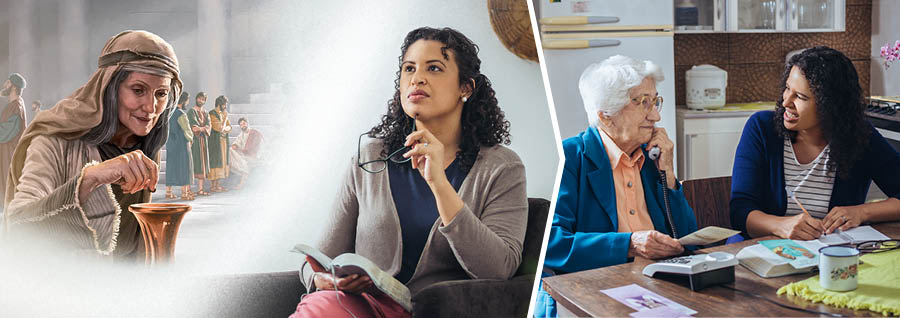 Collage: 1. En syster visualiserar det hon läst i Bibeln om den fattiga änka som lade två små mynt i bidragsbössan. 2. Samma syster gör telefontjänst med en äldre syster. Hon uppmuntrar den äldre systern.