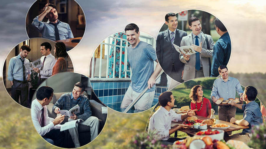 Collage: En man blir en lärjunge. 1. Mannen har kommit hem och satt sig ner efter en tuff dag på jobbet. 2. Ett gift par besöker mannen när de är ute i tjänsten på kvällen. 3. Mannen börjar studera Bibeln tillsammans med brodern som först vittnade för honom. 4. Mannen blir döpt. 5. Den nydöpte brodern vittnar för en annan man. 6. Det gifta paret, brodern och mannen sitter och äter tillsammans i paradiset.