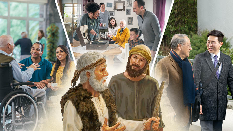 Elia pratar med Elisa. Collage: Vänner drar nytta av de äldres erfarenheter. 1. Ett par lyssnar på en äldre broder på ett äldreboende. 2. Några vänner besöker en äldre syster, som har tagit fram ett fotoalbum och en gammal grammofon. 3. En äldre och en yngre broder samarbetar i tjänsten.