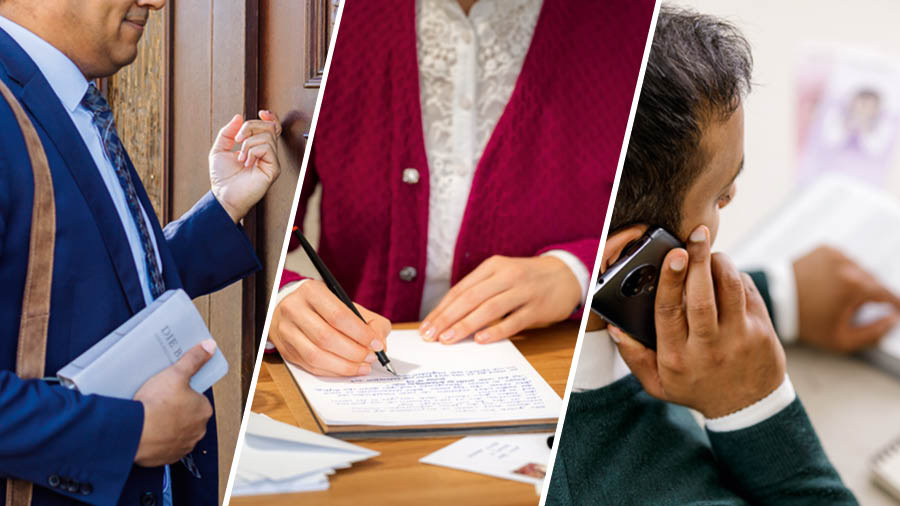 Collage: Bröder och systrar tar del i predikoarbetet. 1. En broder går från dörr till dörr. 2. En syster skriver brev. 3. En broder vittnar per telefon.