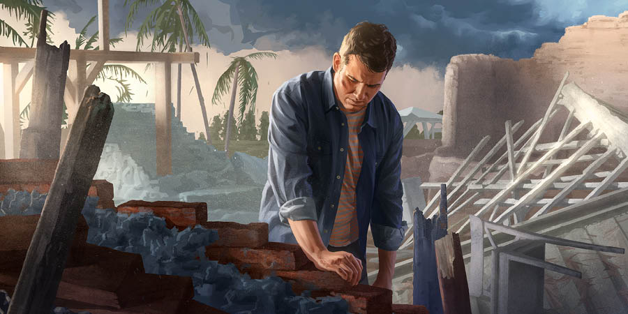 En broder ser helt uppgiven ut när han tänker på hur mycket tid och energi som kommer att krävas för att bygga upp hans raserade hem.