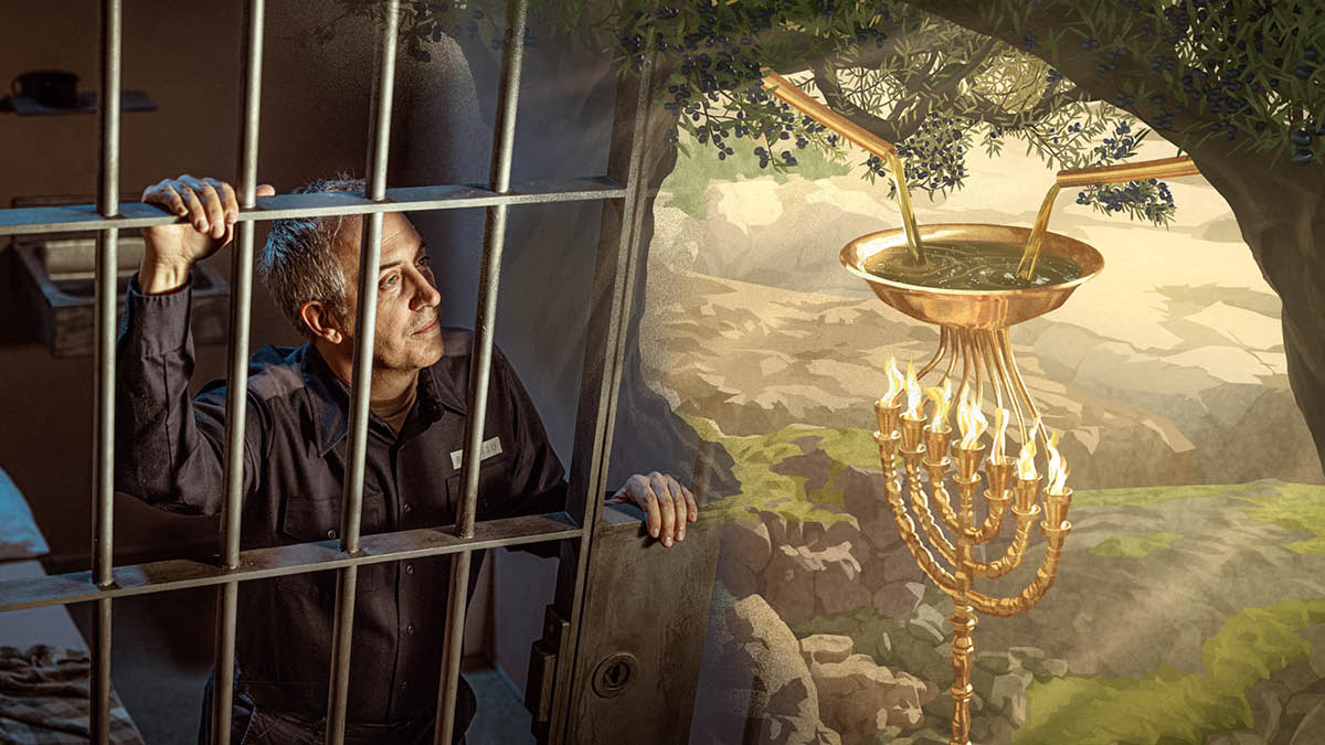 En broder som sitter i fängelse föreställer sig ett lampställ med sju lampor som får olja från två olivträd.