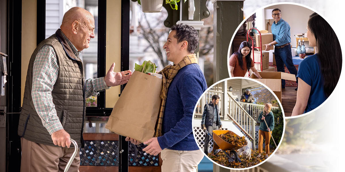 Collage: 1. En ung broder kommer med en matkasse till en äldre broder. 2. Ett par hjälper en familj att packa inför en flytt. 3. Ett annat par krattar löv hemma hos en äldre syster.