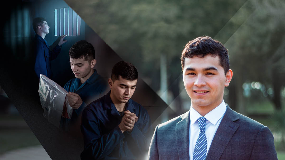 Collage: Dzjovidon Bobodzjonov. 1. Han tittar ut genom fönstret i sin fängelsecell. 2. Han läser dagens text som är skriven på en matkasse. 3. Han ber.