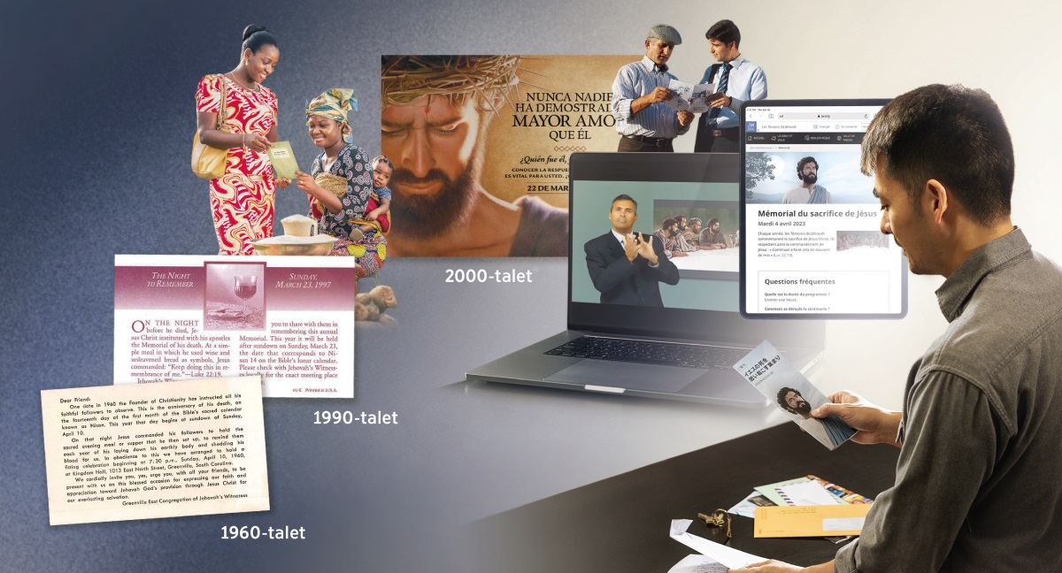 En man håller i en inbjudan till minneshögtiden som han fått i brevlådan. Collage: 1. Förkunnare från hela världen bjuder in till minneshögtiden. 2. Tryckta och digitala inbjudningar på olika språk, bland annat teckenspråk. Bilden visar hur de har ändrats från 1960-talet till i dag.