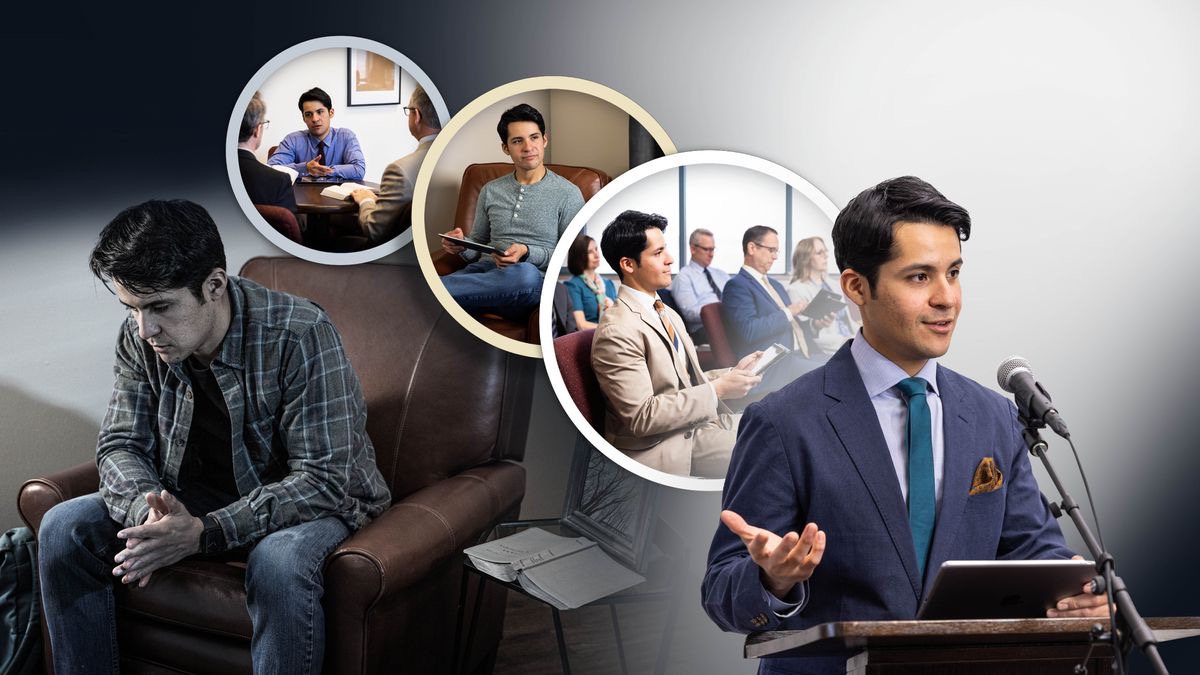 Bildcollage:1. En nedstämd broder sitter ner och har en bibel bredvid sig. 2. Brodern pratar med två äldstebröder. 3. Brodern sitter med sin platta och tänker på det han precis har läst. 4. Brodern lyssnar uppmärksamt på ett möte. 5. Brodern håller tal på ett möte.