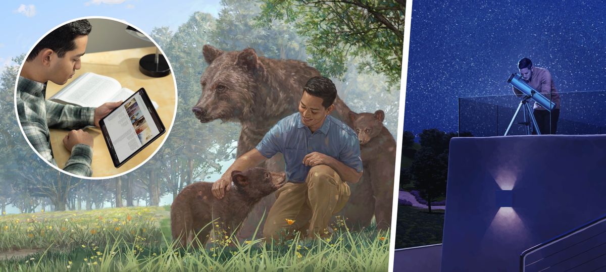 En broder använder Tillägg B1, ”Bibelns budskap”, i ”Nya världens översättning” för att göra sin bibelläsning mer intressant. Collage: 1. Brodern tänker sig in i hur han sitter bredvid en björnmamma med två ungar och klappar en av dem i den nya världen. 2. Han tittar på den stjärnbeströdda natthimlen genom ett teleskop.