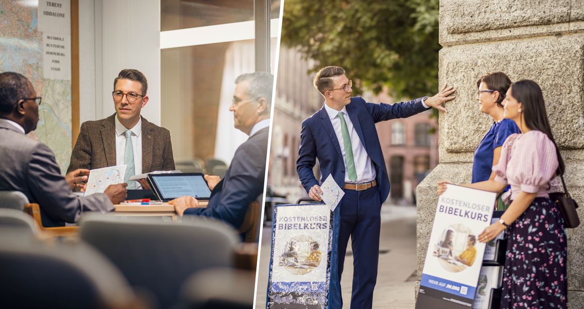 Collage: 1. Tre äldste träffas på Rikets sal för att prata om församlingens distrikt. 2. Senare informerar en av de äldste två systrar om var det är tryggt att stå med litteraturvagnarna.