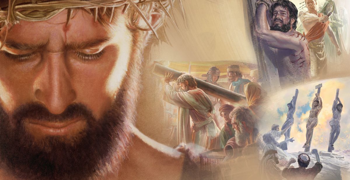 Collage: 1. Jesus har en krona av törne på huvudet. 2. Hans händer är bundna, och han blir slagen med en piska. 3. Han bär sin tortyrpåle och många tittar på. 4. Han hänger på tortyrpålen mellan två brottslingar och människor hånar honom.