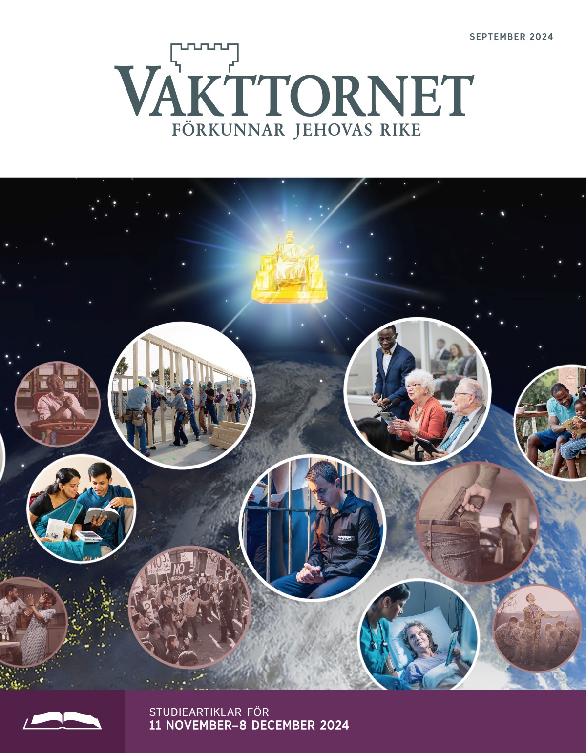 Jesus sitter på en tron i himlen och blickar ner mot jorden, där han ser två grupper av människor. Collage: Bröder och systrar som tillber Jehova. 1. En syster håller i en platta och tittar upp mot himlen. 2. Ett gift par läser Bibeln. 3. Bröder och systrar samarbetar på ett av organisationens byggprojekt. 4. En broder i en fängelsecell ber. 5. En äldre syster svarar på ett möte. 6. En syster som är inlagd på sjukhus erbjuder ett vikblad till en sköterska. 7. En pappa studerar med sin familj. Collage: Män och kvinnor som inte alls följer Bibelns principer. 1. En man ber på ett kasino. 2. En man misshandlar en kvinna. 3. Våldsamma protester. 4. En beväpnad man följer efter en kvinna i ett parkeringshus. 5. En präst ber för en grupp soldater. 6. En kvinna tar droger.