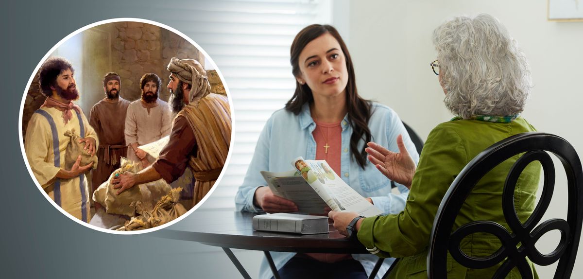 En smord syster leder en bibelkurs med en kvinna. På en infälld bild ser man tjänarna och deras herre i Jesus liknelse om talenterna.