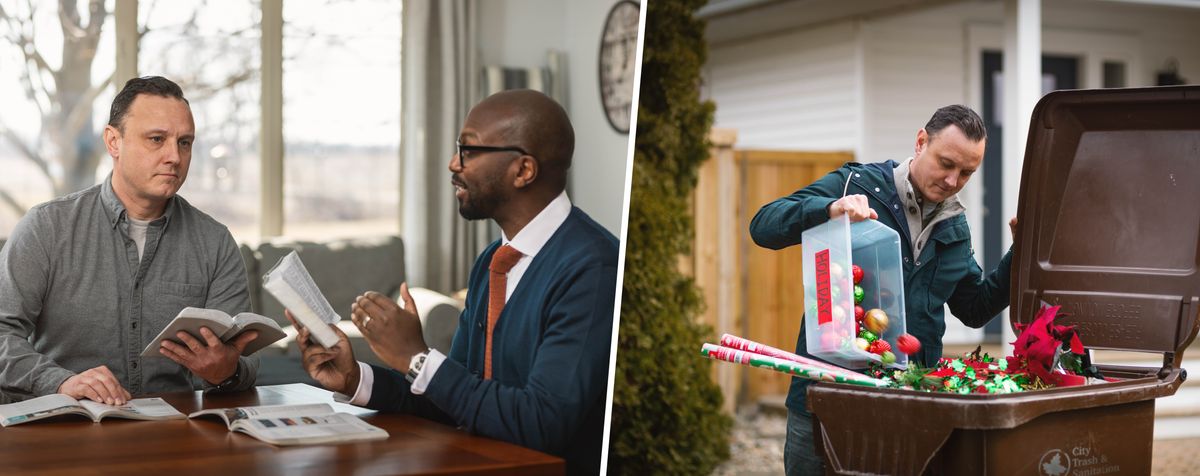 Collage: 1. En broder hjälper en man han studerar med att fundera på bibliska principer. 2. Mannen kastar julpynt i en soptunna.