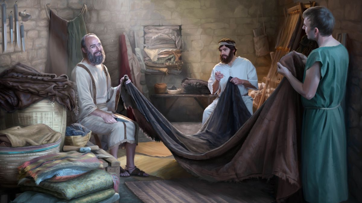 Aposteln Paulus och två män gör ett tält.