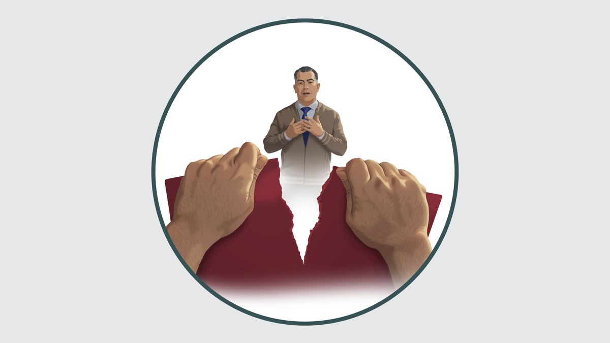 Två händer river sönder ett papper samtidigt som en broder berättar något.