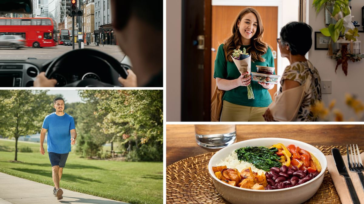 Collage: Olika sätt som visar hur vi kan göra Jehova glad. 1. Köra försiktigt: En broder stannar vid ett trafikljus när han kör bil. 2. Träna: En broder tar en snabb promenad i friska luften. 3. Äta nyttigt: Olika sorters nyttig mat i en skål. 4. Vara generös: En syster har tagit med blommor och lite mat till en äldre syster som har skadat sin arm.